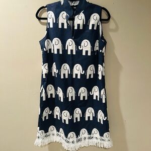 Navy Elephant Print Sleeveless Dress with Fringe